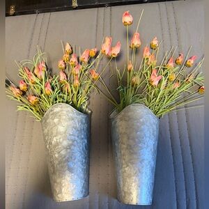 Galvanized Wall Planters with Pink Flowers